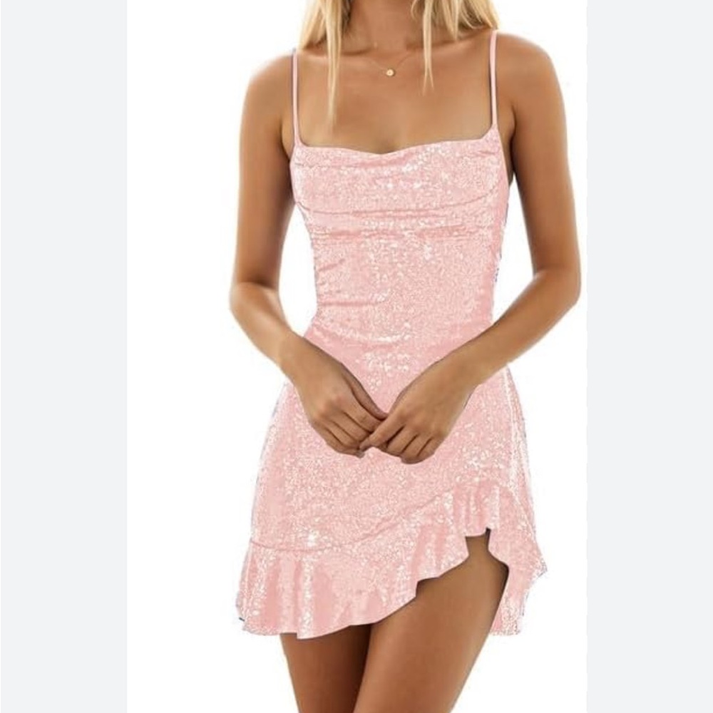 Baby pink full sequin POMUYOO dress size 2 - Picture 1 of 6